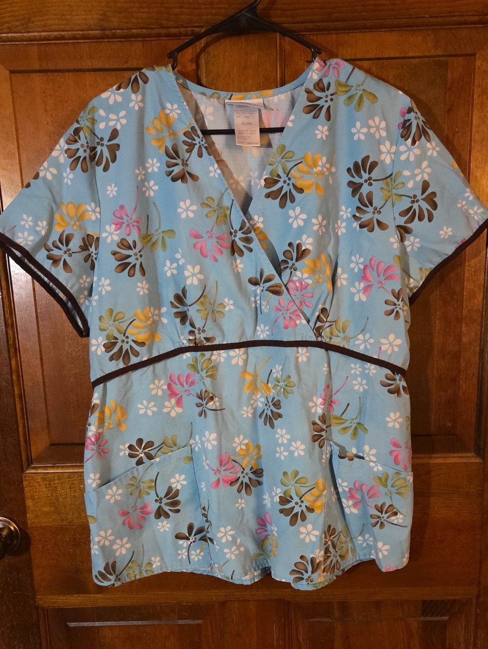 SB Scrubs Light Blue Floral Wrap-Style Dress with Pink & Yellow Accents
